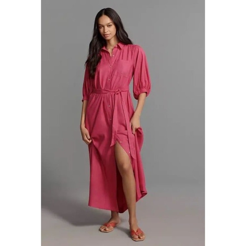 Anthropologie Maeve Mona Maxi Shirtdress Hot Pink Linen Blend Shirt Dress Belted